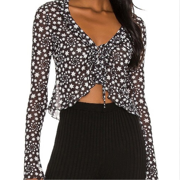 Free People Marne Sheer Mesh Top Long Sleeve Tie Front - Picture 1 of 6